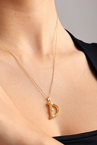 Lucente Jewellery Luxury Serisi Işıklı Hediye Kutulu 925 Ayar Altın Gümüş Kaplama D Harfi Taşlı Balon Harf Kolye