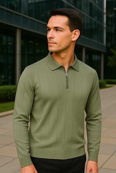 Maccali Men's Striped Green Polo Neck Zippered Sweatshirt