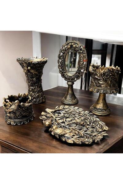 Peramari Dekoratif Polyester Kuşlu Beşli Salon Konsol Seti Gold Eskitme