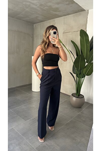 asfamoda Γυναικείο παντελόνι Palazzo με φαρδύ πόδι σε μπλε ναυτικό χρώμα