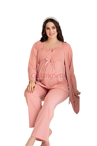 quilling Dusty Rose Colored Lace Detailed 3-Piece Long Sleeve Maternity Pajama Set with Dressing Gown 53047