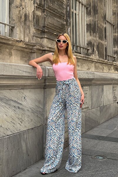 VAGGON Women's Blue Patterned Elastic Waist Belted Palazzo Wide Leg Trousers Vs00953