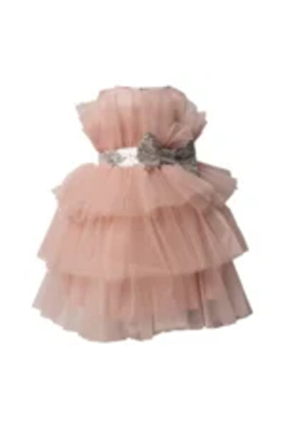 Mamboo Little Girl Sleeveless Dress with Pink Ruffles and Waistline with Sequined Bow