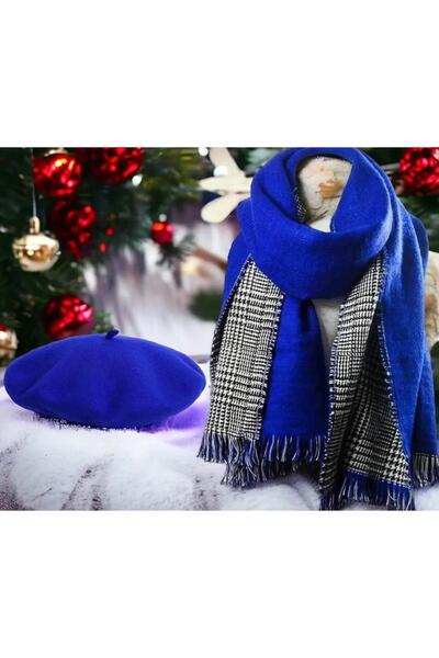 Wearflawless Women's Set of 2 Blue Scarves and Painter Beret Set, Christmas Gift, Double-Sided Scarf, Painter Beret