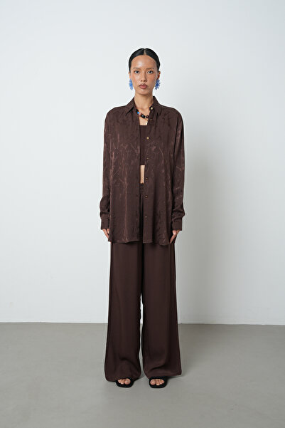 Orfeo Negro Women's Brown Patterned Oversize Cut Shirt with Gold Button Detail