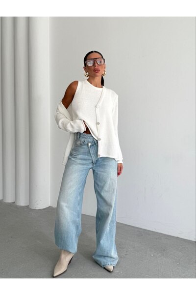 MODAMERSİ Women's White Knitwear Tank Top Cardigan Double Set