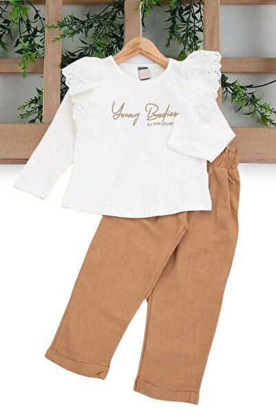 Egelite Girl's 2-3-4-5-6 Years Old White Blouse and Colored Linen Pants 100% Cotton 2-Piece Top and Bottom Set