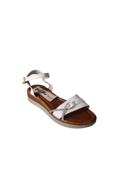 Yaz Kış Ayakkabı Yazkiş Women's Black and White Leather Sandals with Side Sto...