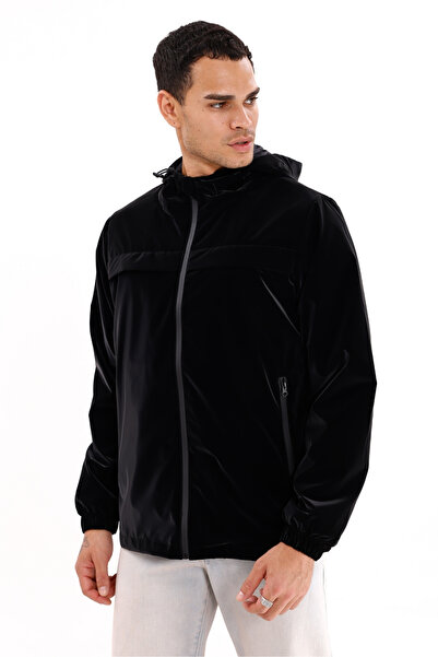 Montland Men's Black Hooded Nova Fabric Stylish Seasonal Water and Windproof Raincoat