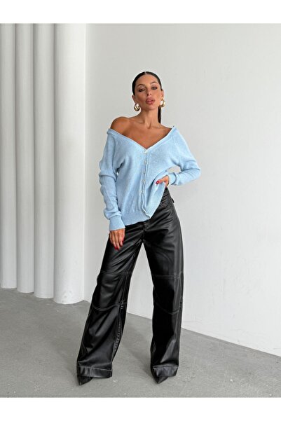 MODAMERSİ Cardigan tricotat cu decolteu în V, cu nasturi în față și în spate, albastru pentru femei