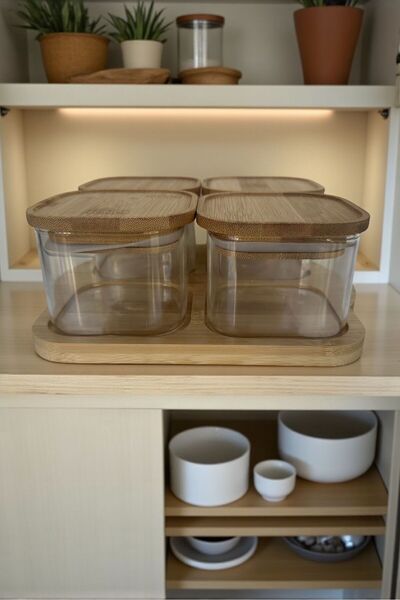 ANJEAHOME Rimini 4-Piece Glass Breakfast Presentation and Storage Set (Bamboo Lid & Bamboo Stand)