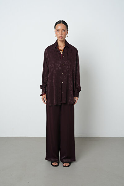 Orfeo Negro Women's Burgundy Color Patterned Gold Button Detailed Oversize Cut Shirt