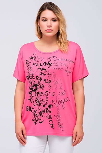 Şans Women's Plus Size Pink, Washable Fabric, Letter Print Batwing Sleeve Blouse 65N39131
