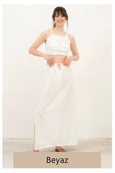 Çeşme Home White Linen High Waist Slit Maxi Sheer Skirt – Natural Fabric Summer Elegance
