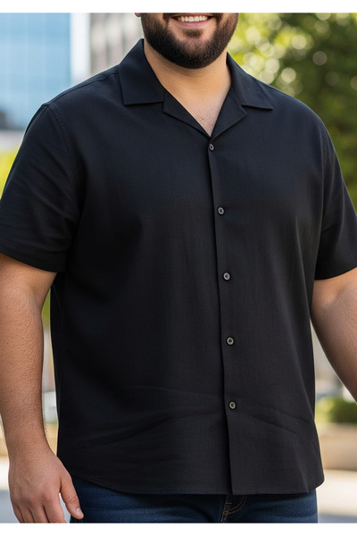 Exve Exclusive Black Viscose Hawaiian Short Sleeve Loose Breathable Apache Collar Oversized Shirt