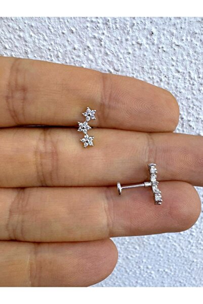 Arescollection 1 adet arkası düz önden takmalı 3 sıra çiçekli tragus helix conch uyumlu piercing