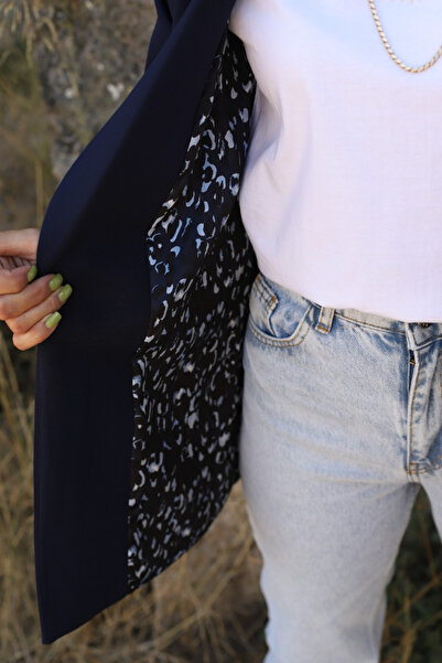 bytugcekaya Lacivert Leopar Astarlı Şal Yaka Blazer