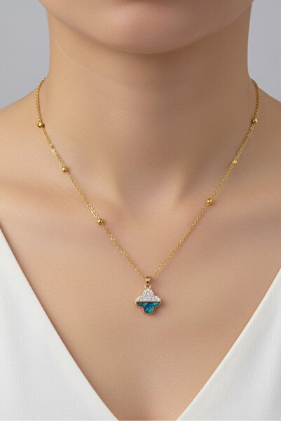 X-Lady Accessories Altın Renk Yonca Taşlı Altı Model Top Zincir Çelik Kolye- ...