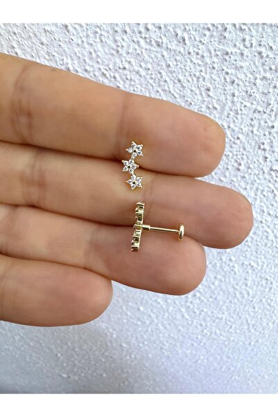 Arescollection 1 adet arkası düz önden takmalı 3 sıra çiçekli tragus helix co...