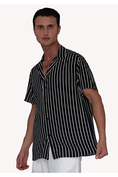 Exve Exclusive Black and White Striped Viscose Hawaiian Short Sleeve Loose Breathable Lapel Oversized Shirt