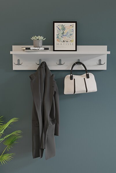 Decorfim Modern white hallway coat rack with 5 hangers and shelf, 70x18cm
