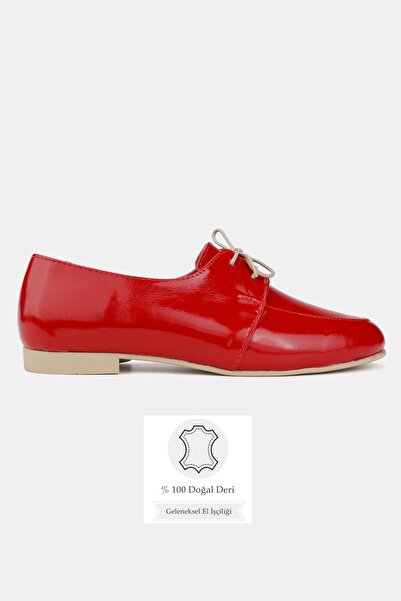 TUNAELLİ Women's Red Patent Leather Genuine Natural Leather Size 36-41 Lace-Up Ballerinas