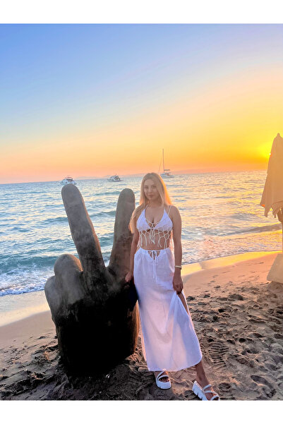 Çeşme Home White Linen High Waist Slit Maxi Sheer Skirt – Natural Fabric Summer Elegance