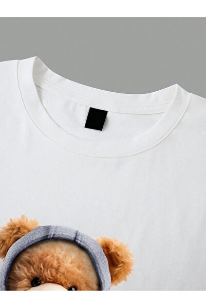 MOVİMENT Μπλουζάκι με λαιμόκοψη με τύπωμα από 100% βαμβάκι, λευκό αρκουδάκι