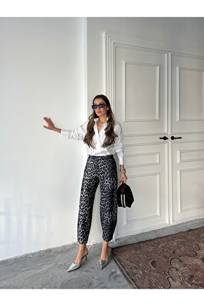 NOA LİNE Leopard Pattern Scuba Crepe Fabric Baggy Model Balloon Pants Ld150924