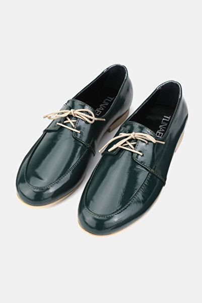 TUNAELLİ Women's Green Patent Leather Genuine Natural Leather Size 36-41 Lace-Up Flat Shoes