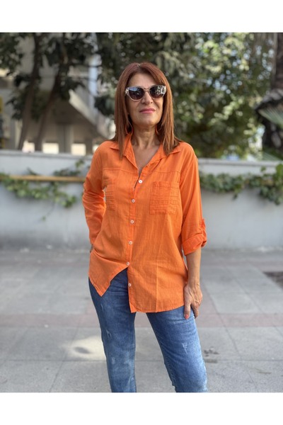 DenizEge Double Pocket Cotton Shirt Orange