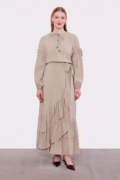 trender Side-Tie Beige Women's Top and Bottom Set 131035