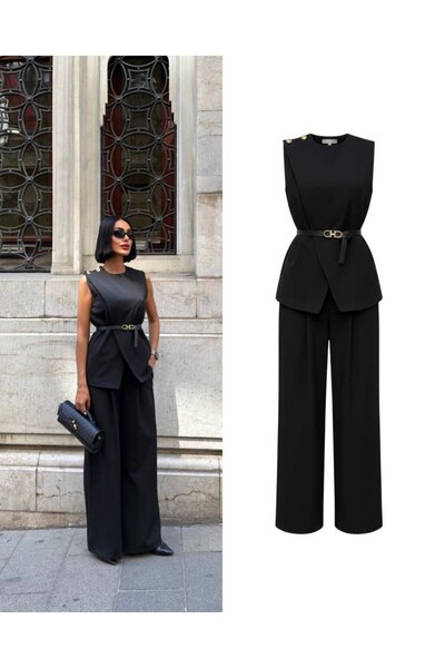 Enie Women's Black Double Fabric Blouse-Pants Set with Shoulder Accessories and Belt