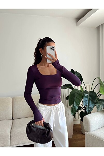 Zoom Butik Parmak Geçmeli Kare Yaka Crop - MOR