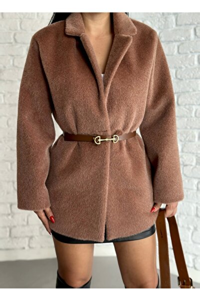 moneta boutique سترة نسائية بليزر مبطنة بالريش مع حزام