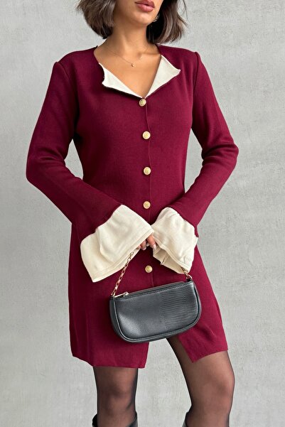 Lusin Women's Burgundy Stylish Buttoned Elegant Mini Knitwear Dress with Sleeve and Neck Detail