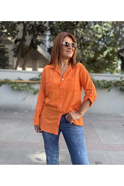 DenizEge Cămașă din bumbac cu buzunare duble portocaliu
