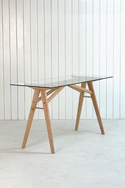 unboxdeco Akrobat Kayın Masif Ayaklı Cam Çalışma Masası, Ahşap Çalışma Masası, Iskandinav Masa, Modern masa