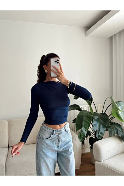 Zoom Butik Kayık Yaka Crop - LACİVERT