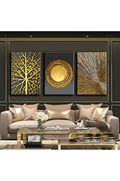 Harikabirev Gold Ethnic Abstract Painting | 3-Piece Vertical Frameless Canvas Painting Chsdkyknvs