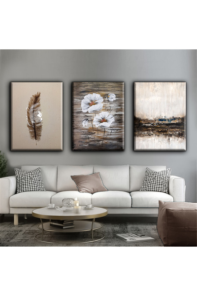Harikabirev Brown and White Flower Painting 02 | 3-Piece Vertical Frameless Canvas Painting Chsdkyknvs