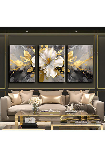 Harikabirev Gray-White Flower Abstract Painting 02 | 3-Piece Vertical Frameless Canvas Painting Chsdkyknvs