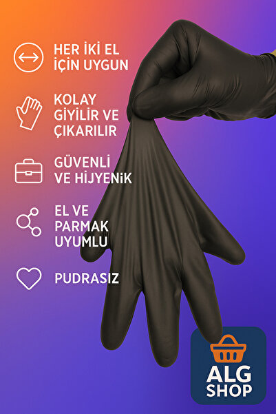 Febros 100 Adet Siyah Nitril Eldiven L XL Pudrasız Hijyenik Sağlam İki Ele Uy...