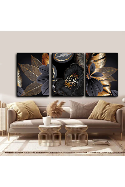 Harikabirev Gold-Black Flower Feather Modern Painting 02 |   3-Piece Vertical Frameless Canvas Painting Chsdkyknvs