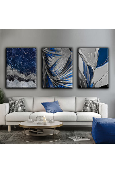 Harikabirev Dark Blue-Silver Abstract Painting 01 |   3-Piece Vertical Frameless Canvas Painting Chsdkyknvs