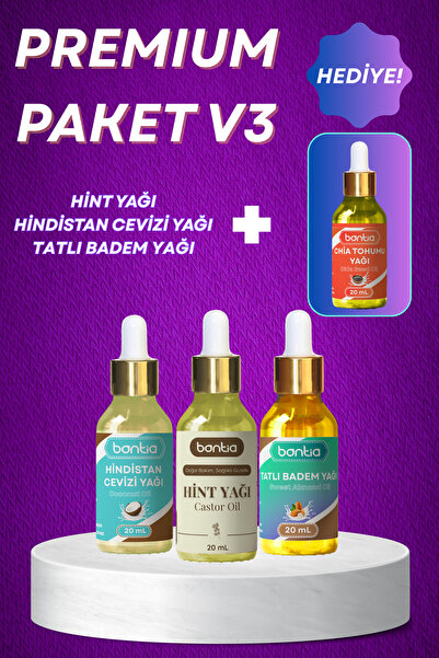 Bontia Premium Paket V3 – %100 Saf Soğuk Sıkım Hint Yağı, Hindistan Cevizi, Tatlı Badem + Chia Doğal Yağlar