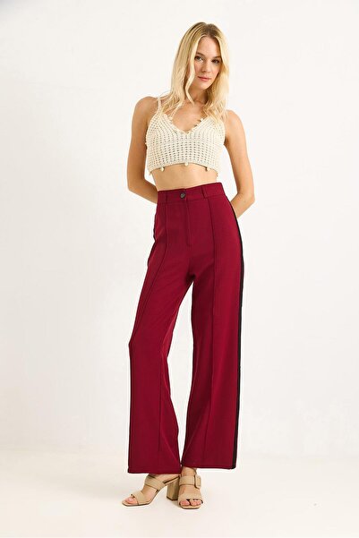 Raneel Kazançlı Alışveriş Women's Wide-Leg Pants with Side Stripes, Burgundy