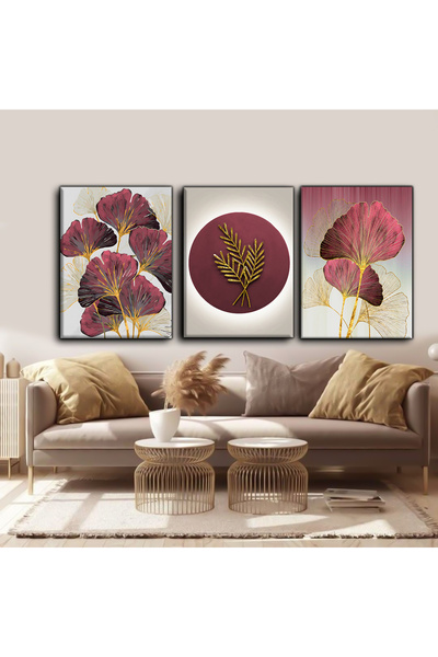 Harikabirev Bordo Gold Flower Painting 01 |   3-Piece Vertical Frameless Canvas Painting Chsdkyknvs