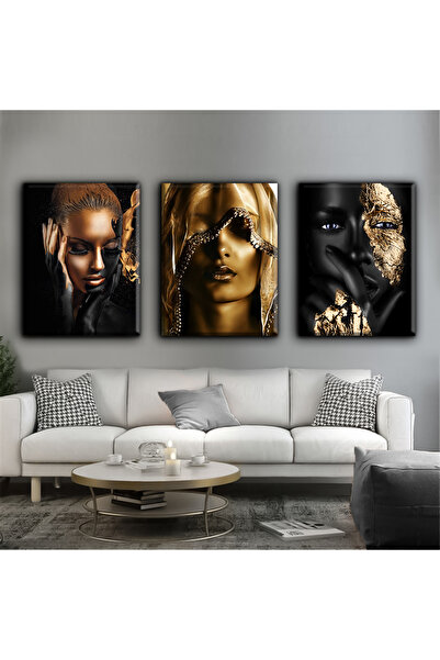 Harikabirev Black-Gold Black Women's Table 003 |   3-Piece Vertical Frameless Canvas Painting Chsdkyknvs