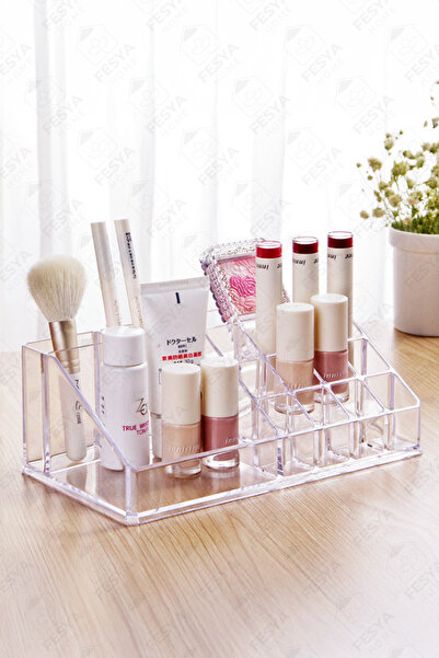 Fesya Home NEZ Şeffaf 16 Bölmeli Makyaj Organizeri – Takı, Ruj ve Kozmetik Düzenleyici Kutusu